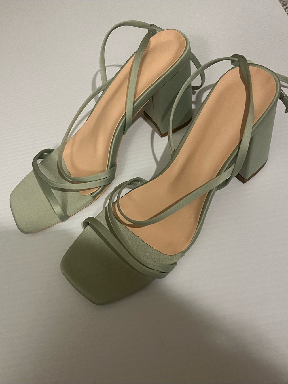 Azazie Sage Green Strappy Block Heel Sandals